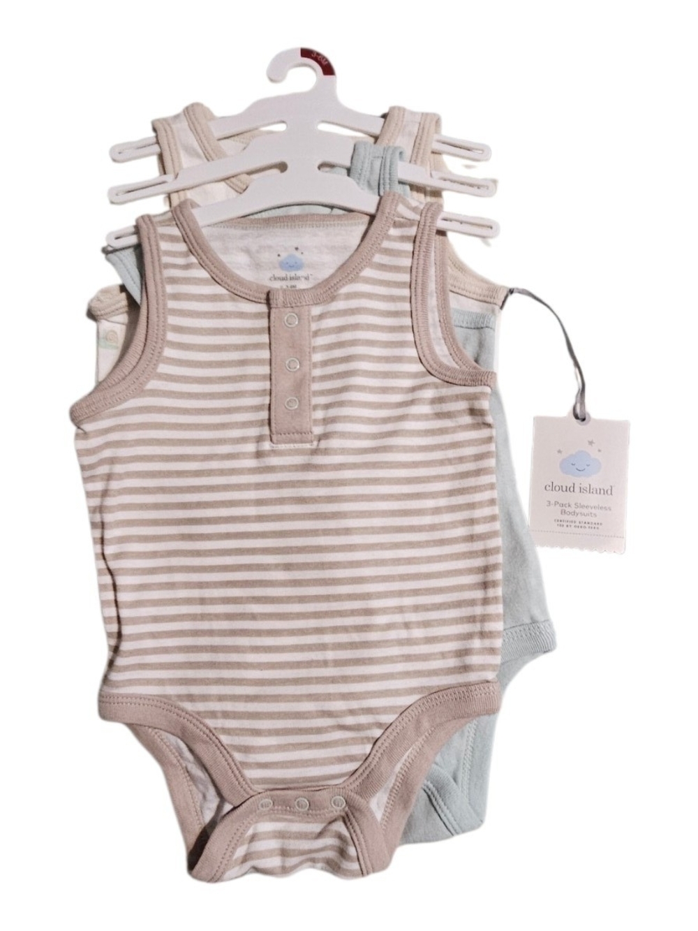 cloud island Beige Stripe & Light Blue Sleeveless Baby Bodysuit Set